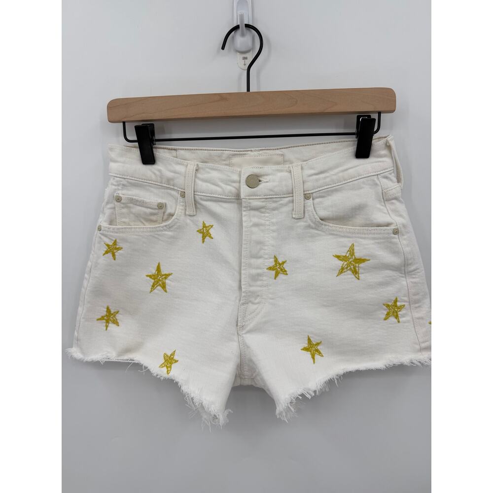 Mother Cream Tomcat Kick Fray Embroidered Star Denim Shorts High Rise Size 27 - Picture 2 of 15